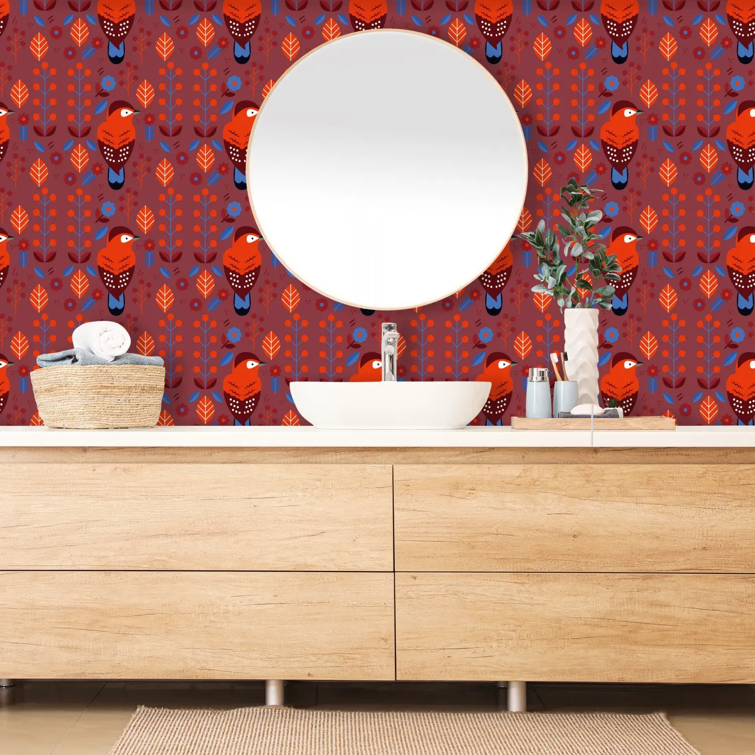 Scandinavian Folk Art Wallpaper, Bird Wallpaper, Nordic Design, Peel and Stick Wall Mural