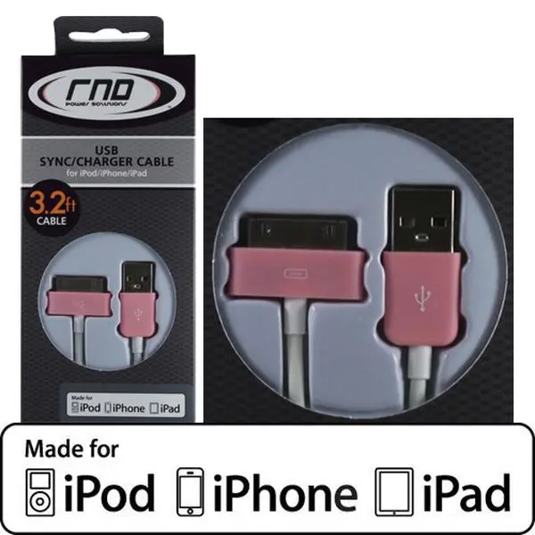 RND Accessories Apple Certified 30-Pin Cable For Ipad- iPhone- Ipod - 3.2 ft.- Pink And White