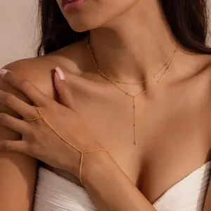 Satellite Chain Jewelry Set by Caitlyn Minimalist - Set of 2: Beaded Hand Chain Bracelet & Duo Lariat Necklace - Festival Jewelry - Gift for Her