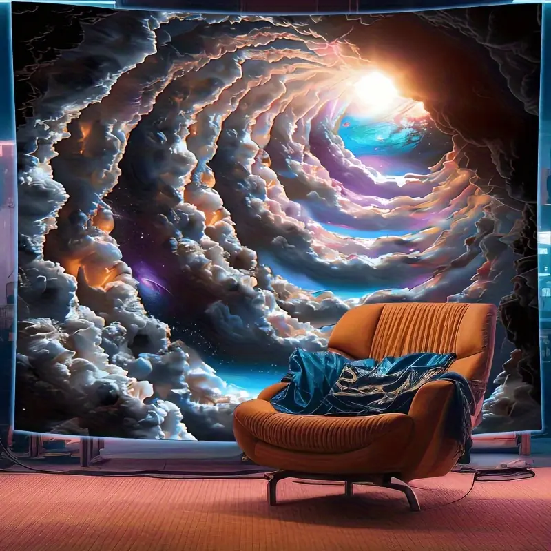Dreamy Cloudscape UV-Reactive Tapestry Wall Hanging - Vibrant Cosmic Landscape Art with Swirling Clouds & Stars, Easy-Care Polyester Fabric for Bedroom & Living Room Decor, Indoor Use, Celestial Decor, Mystical Ambiance, Peach Light Beige Texture