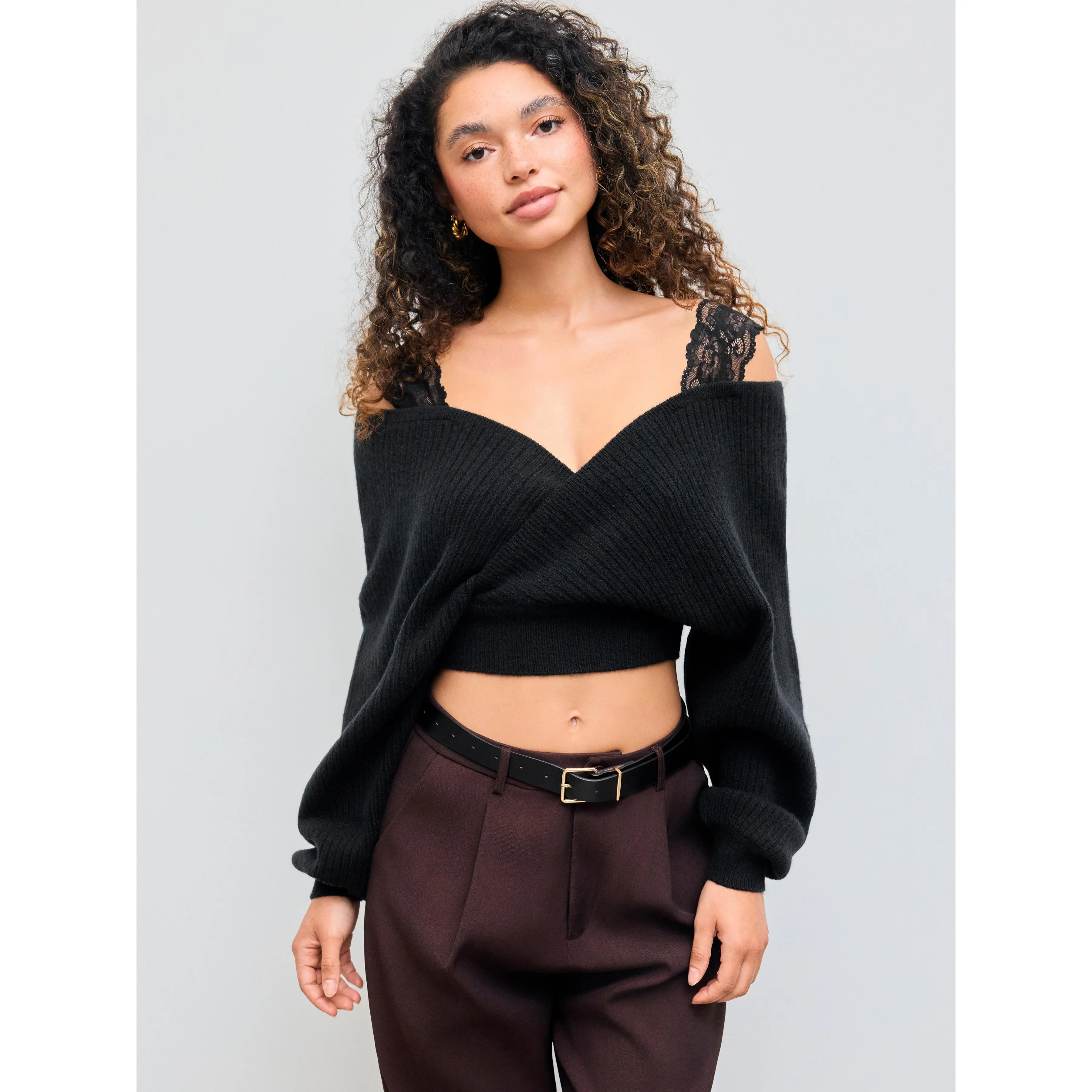 Cider [4 colors, size 0-26] V-neck Solid Lace Knitted Long Sleeve Crop Top