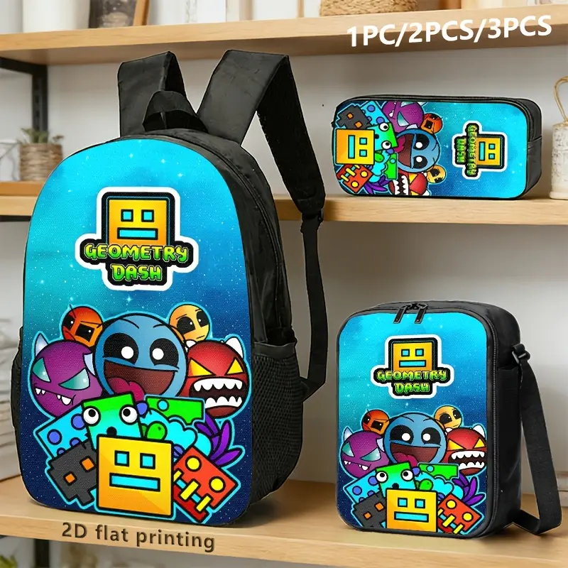 Geometry Dash 3-Piece Backpack Set, Game Character Print School Bag + Lunch Bag + Pencil Case, Oxford Cloth Adjustable Strap Daypack for Fans & Kids