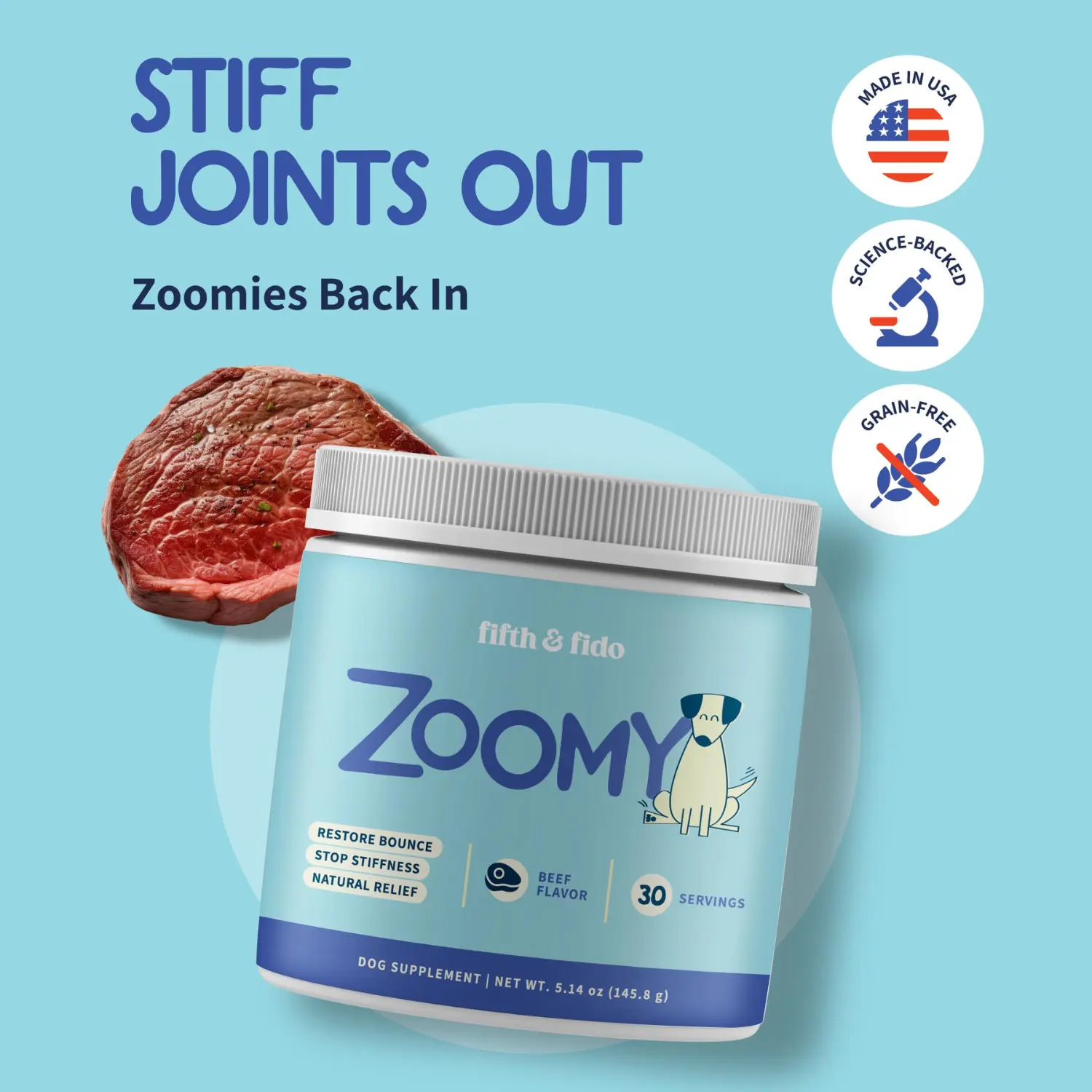 Fifth and Fido Zoomy Senior Dog Joint Powder - Beef Flavor Canine Nutritional Supplement, Mushroom-Powered Hip & Joint Support, Natural Mobility Aid, Pain Relief Remedy, 30 Servings, 5.14 oz