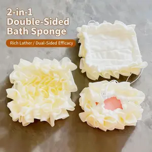 Double-sided bath sponge, the back can be a towel or filled with soap, and comes with a hanging rope.