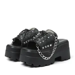 Womens Black Platform Sandals Punk Chunky Heel Chain Rivets Chic Lace up Design Open Toe Goth Jennifers Body Heels Summer Slide Sandal Gifts Easy Slip on for Work Party Outdoor Events Dress Shoes for Girls
