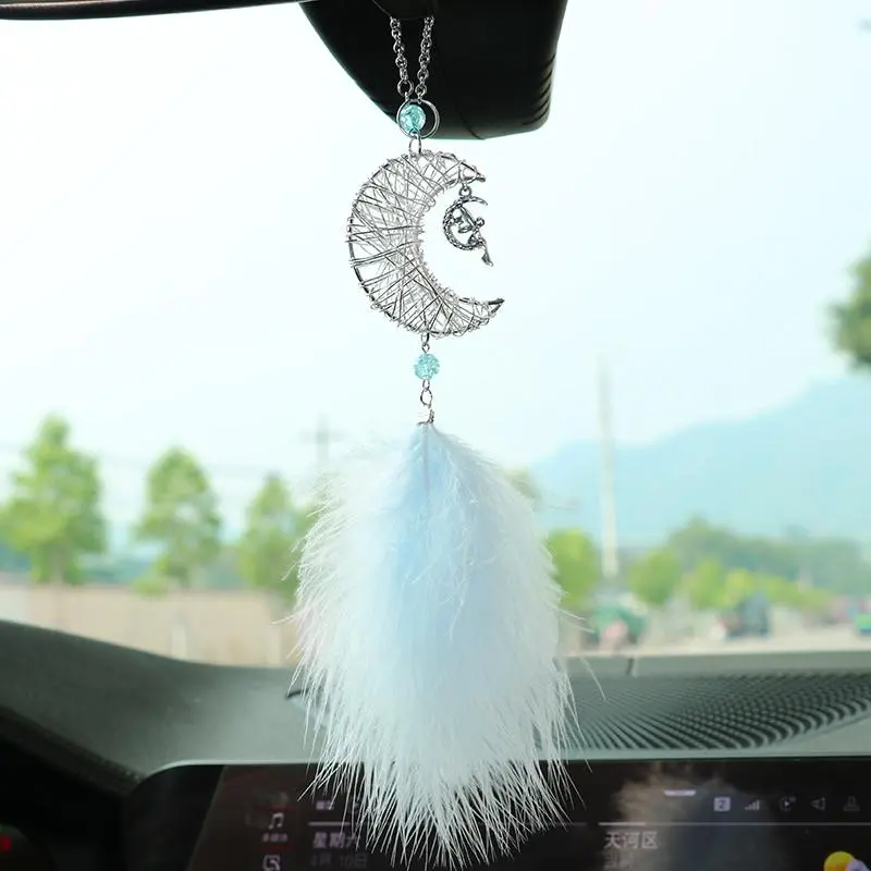 2026 New Car Hang Ornaments Stars And Moon Wind Chimes Feather Car Rearview Mirror Pendant Styling Decoration Auto Interior Accessories