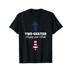 Two Seater Dad Joke American Flag 4th of July Motorbiking T-Shirt - Black Casual Loose Fit Tee with Patriotic Stars & Stripes Design, Humorous Slogan for Motorcycle Rides & Summer Outings, Holiday Themed Apparel, Round Neck Shirt, Nontransparent Fabric