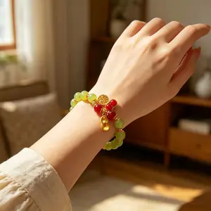 Vintage Beaded Bracelet for Women, Gold Plated Bracelet with Fortune & Peanut Charm, Good Luck Bangle Gift