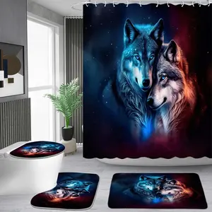 1/4 piece ice and fire double wolf starry sky pattern shower curtain set, waterproof shower curtain with 12 hooks, non-slip bathroom carpet, toilet U-shaped cushion, toilet seat cover cushion, bathroom shower curtain set, perfect moving gift.