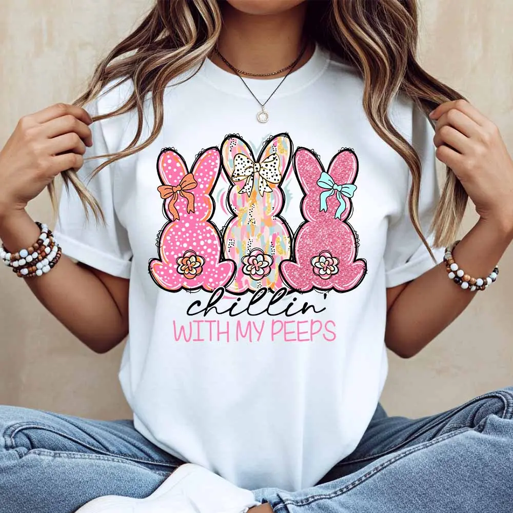 Chillin With My Peeps Easter Bunny T Shirt Spring Holiday Cute Rabbit Print Women Casual Top For Easter Party And Daily Wear