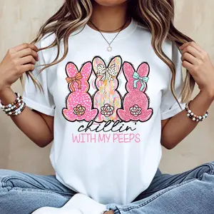 Chillin With My Peeps Easter Bunny T Shirt Spring Holiday Cute Rabbit Print Women Casual Top For Easter Party And Daily Wear