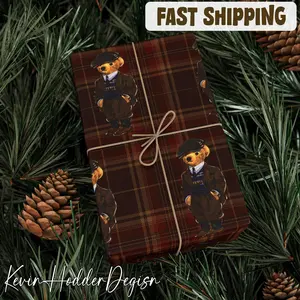 Vintage Bear Christmas Dark Tartan Plaid Wrapping Paper, Preppy Christmas Gift Wrap, Old Money Aesthetic Decor, Dark Plaid Wrapping Paper