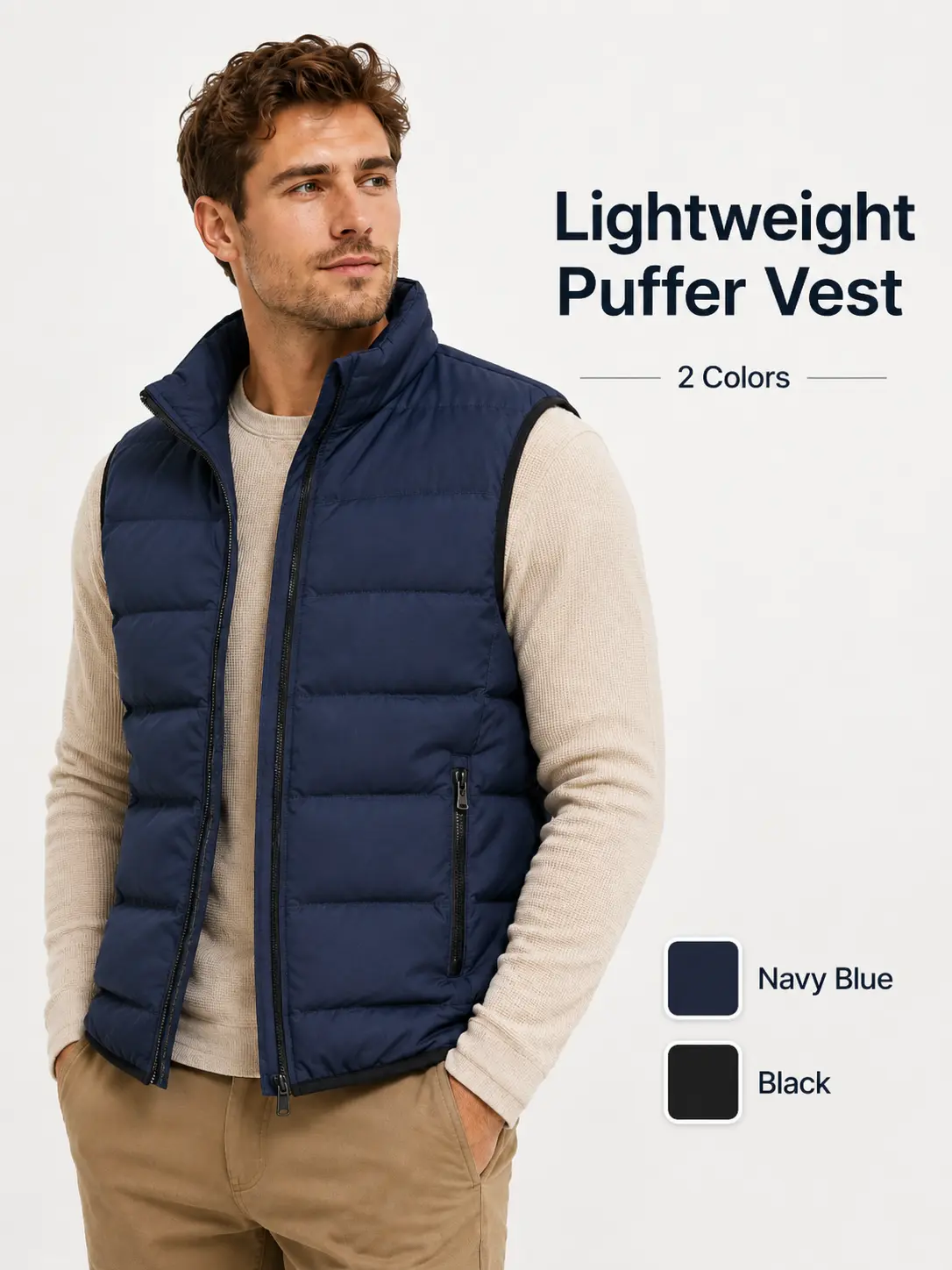 Men’s Lightweight Quilted Fabric Puffer Vest - Full-Zip, Stand-Collar, Sleeveless Waistcoat with Zipper Pockets, Fitted Cut, Warm Casual Layering for Fall & Winter (Black/Navy Blue)