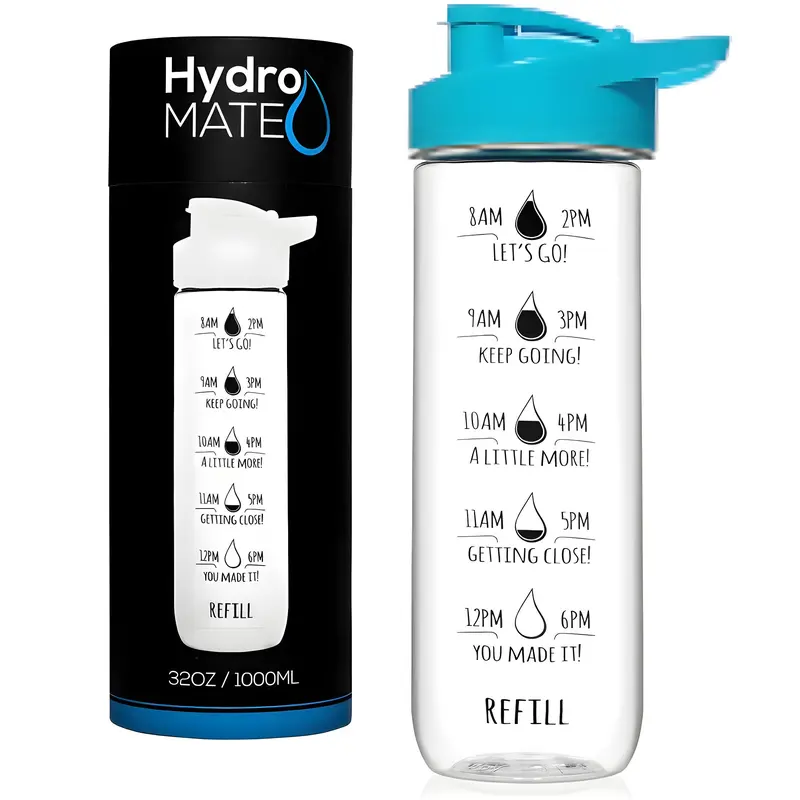 Sports Motivational Drinking Water Bottle With Time Marker 28 Oz BPA Free, Time Marked Drink More Water Daily 1 Liter Leak Proof
