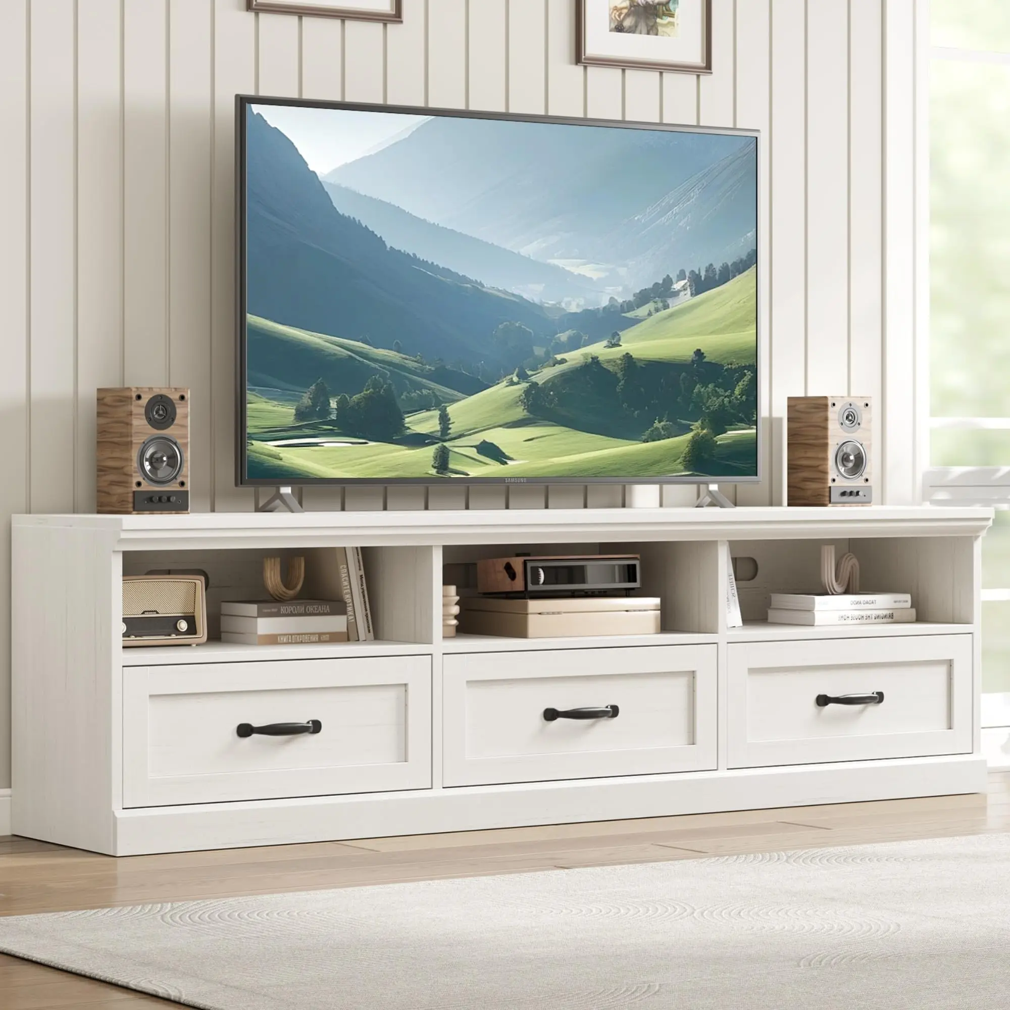 Modern Farmhouse TV Stand for 75-80 Inch TVs - Console TV Stands & Multimedia Centres, Grey Wood Media Cabinet with 3 Storage Drawers, Open Shelves for Living Room/Bedroom