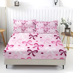 3pcs Pink Bow and Polka Dot Print Fitted Sheet Set, Breathable, Wear-Resistant, And Adjustable Woven Bedding Set. A Fresh and Natural Washable Mattress Cover Protector for Sweet Style Bedroom Decor, Available in Multiple Sizes