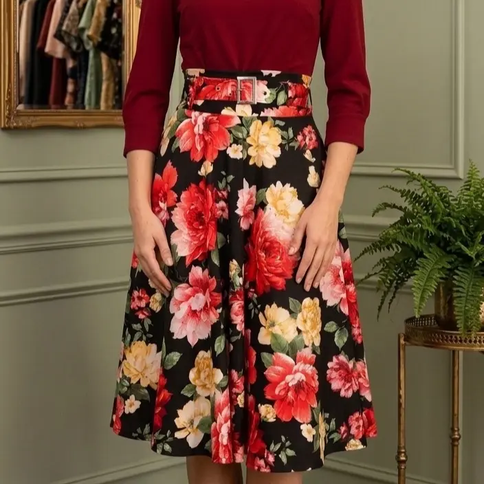 Floral Print 3/4 Length Skirt, Women's A-Line Dance Skirt for Casual Wear