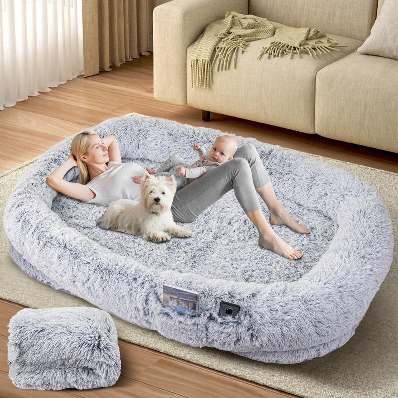 Human Dog Bed, Fits You & Pets, Washable Faux Fur, Orthopedic, Plump Pillow, Blanket, Strap