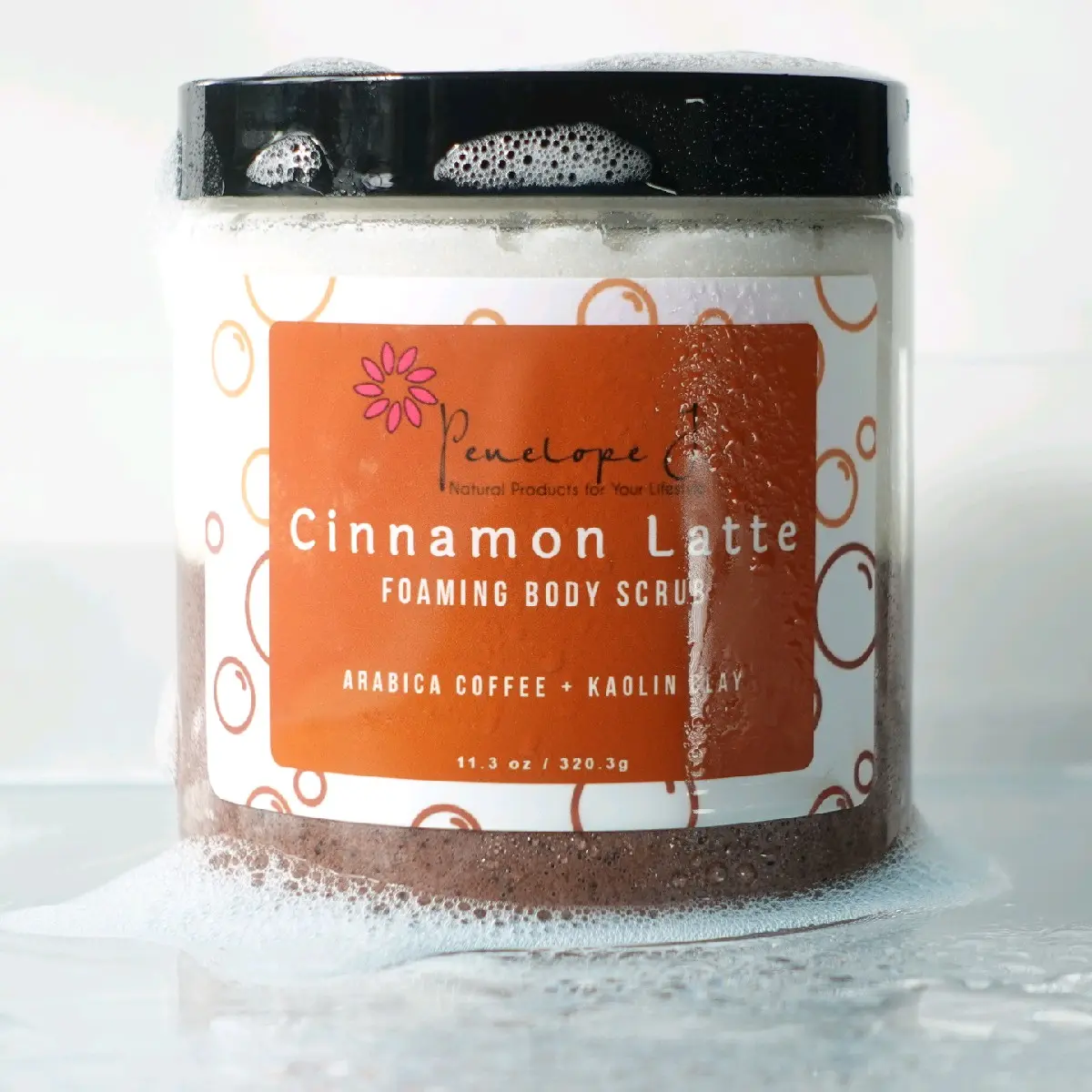 Luxury Cinnamon Latte Foaming Body Scrub + Kaolin Clay Body Care by Penelope J LLC, Exfoliating and Moisturizing with arabica coffee grounds.
