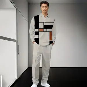 Two piece set of autumn and winter new men's casual wear, geometric pattern lapel long sleeved top paired with casual pants, micro elastic knitted fabric, size S-XXXL, suitable for daily and casual wear