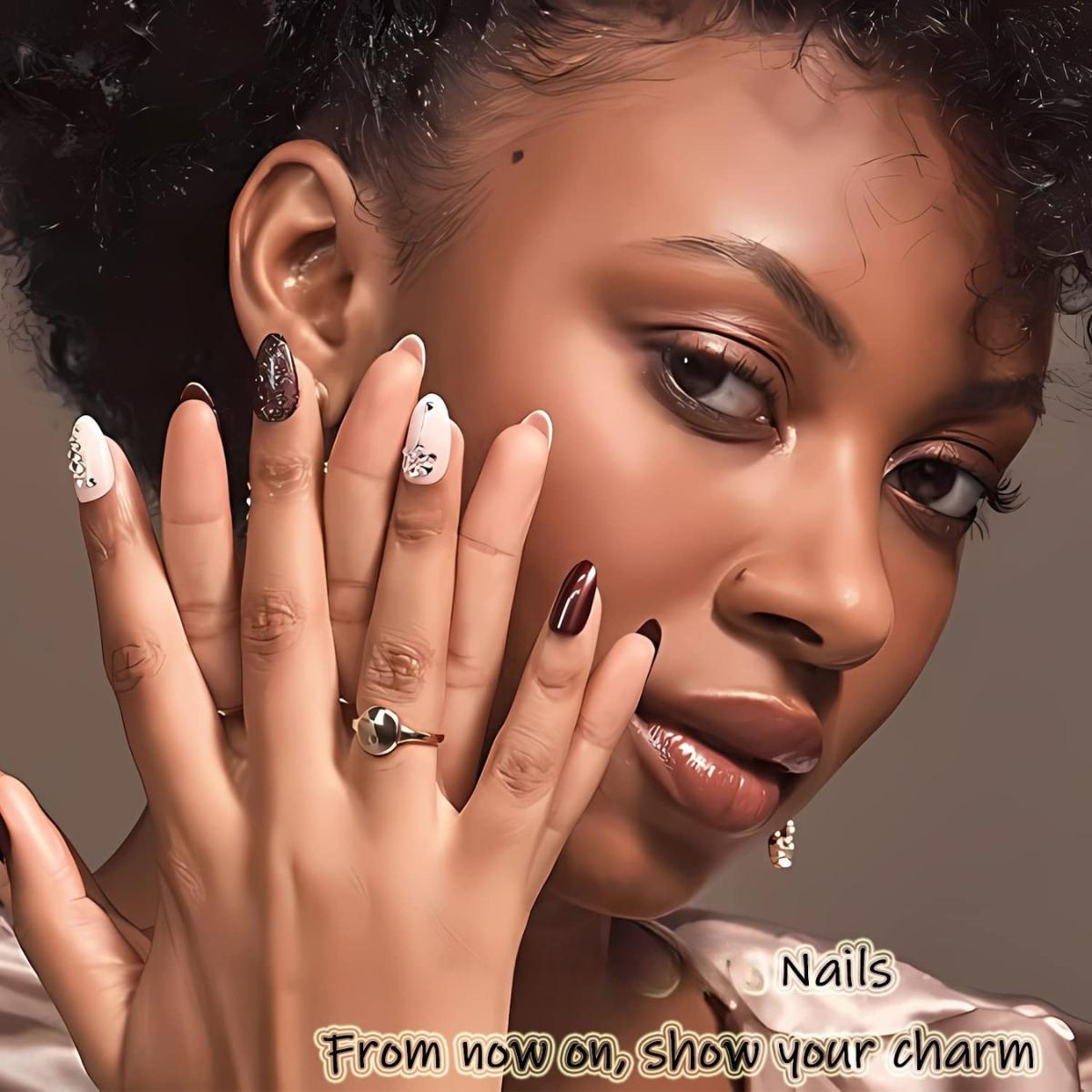 3D Pink Press on Nails Almond - Medium French Tip Fake Nails with Embossed Flower&Gold Bead Designs, Glossy Finish Reusable False Nails with Glue Tabs - 24Pcs Nail Kit for Women Manicure