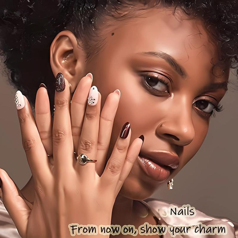 3D Pink Press on Nails Almond - Medium French Tip Fake Nails with Embossed Flower&Gold Bead Designs, Glossy Finish Reusable False Nails with Glue Tabs - 24Pcs Nail Kit for Women Manicure