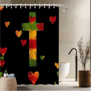 1pcs Printed Bath Curtain-2D Cross And Heart Pattern Black Background Polyester Fabric Home Window Curtains Bathroom Decor Bathtub Decor 70.8x70.8 inches