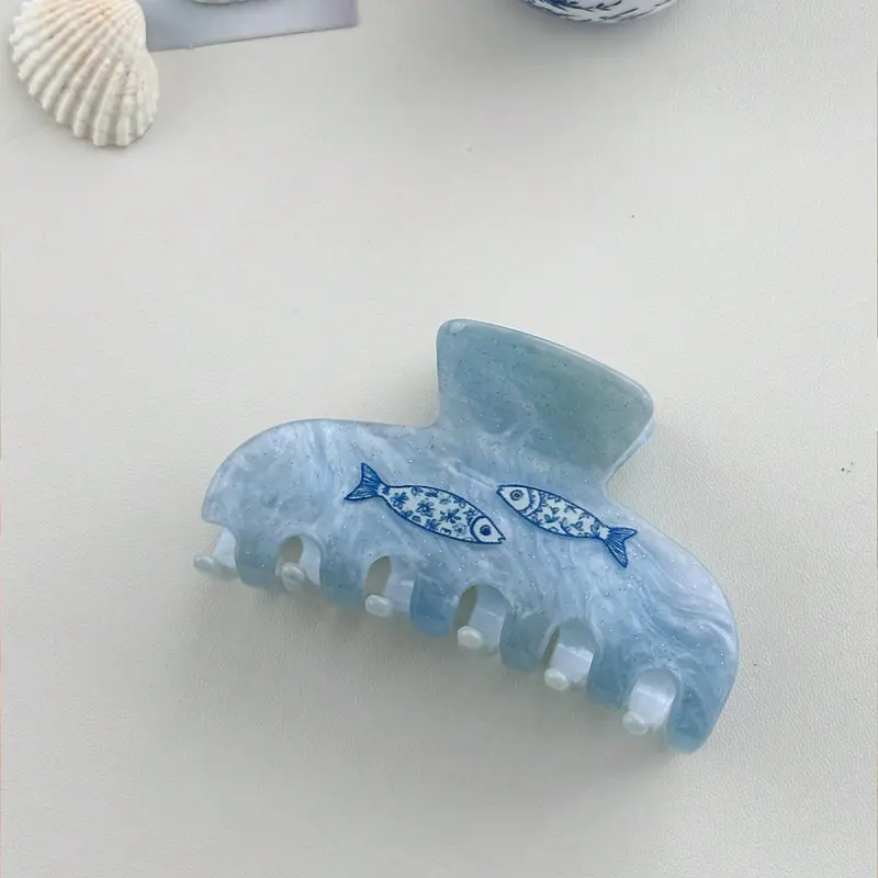 Vintage Fish Print Hair Clip, Shiny Acetic Acid Material, Non-Slip Outer Shell, French Style Inspiration, Anti Slip Clips, Fashion Hair Accessories, Hairclips