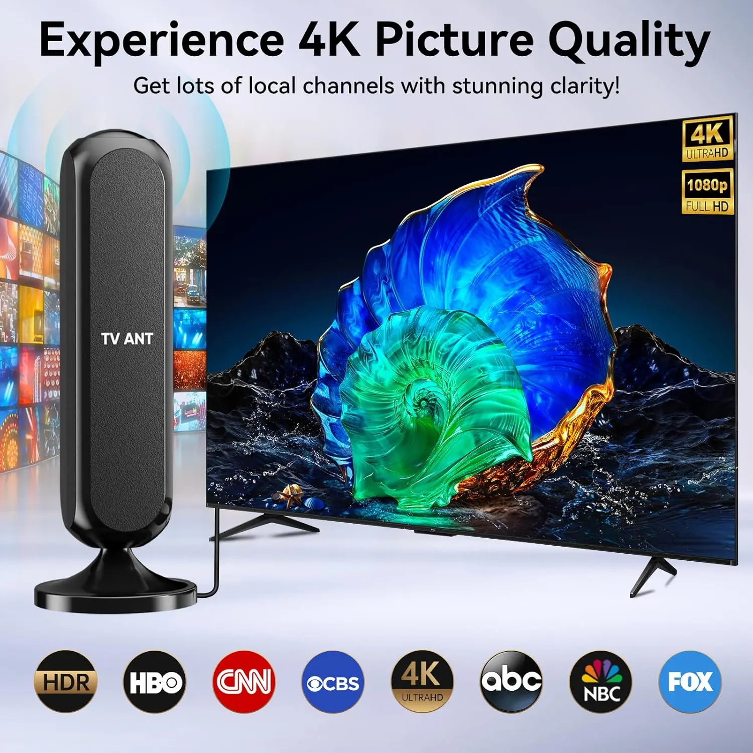 Digital Indoor TV Antenna for Smart TV - Compact, Weather-Resistant, Adhesive Base, Easy Installation, Long-Range Reception, USB-Powered, Table/Floor Compatible, Crystal-Clear 4K HD 1080P Support, Access to ABC, PBS, Live News, Local Channels