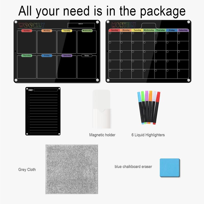 Hivillexun 3-Pack Black Acrylic Magnetic Dry Erase Boards Set - Streamline Your Organization on Refrigerators, Walls, and Fridges with Monthly, Weekly Calendars and Daily Notepads