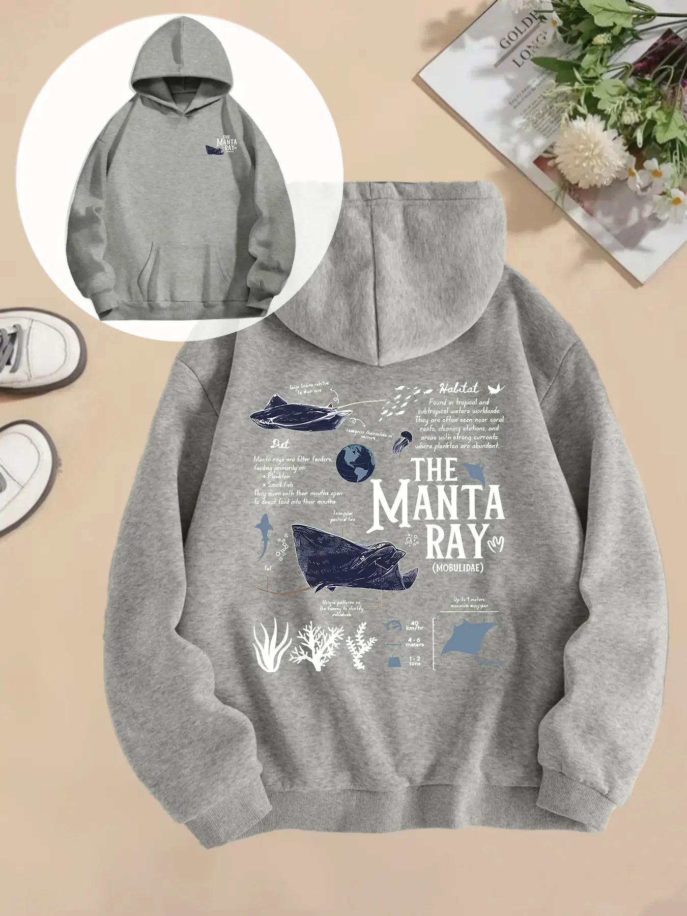 Women's Knit Hooded Sweatshirt Fitted, Fall & Winter Casual Fit Wear, Animal Print Manta Ray Illustration Print, Ocean Science Aesthetic Graphic Design, Daily, Fashion Hoodie, Graphic Print Hoodie, Womenswear Tops