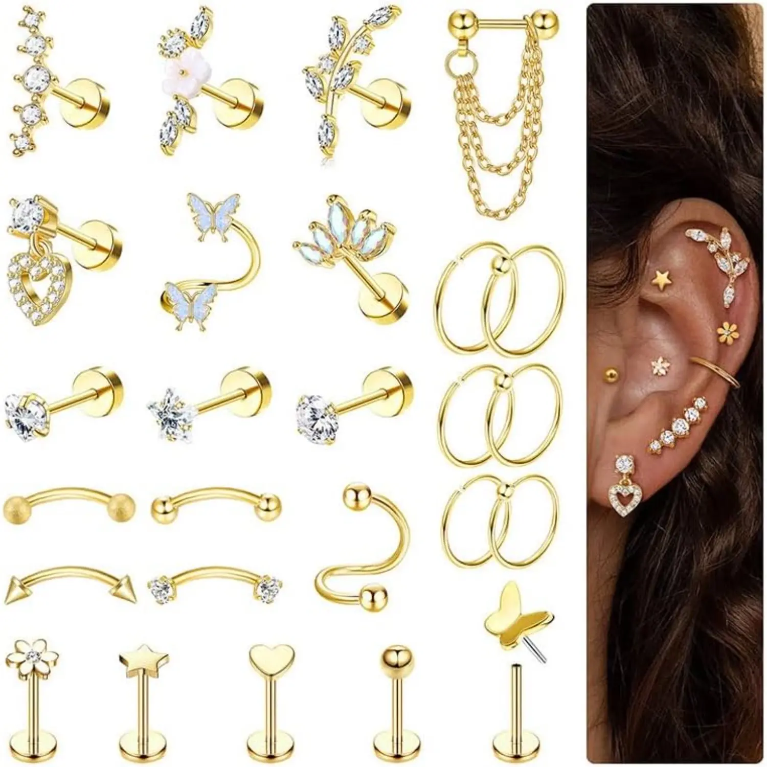 Milacolato 26Pcs Hypoallergenic Stainless Steel Earring Stacking Set - Flatback Studs, Mixed Styles Hoop Earrings for Tragus, Conch, Helix, Cartilage, Rook, Daith Piercings, Gold Silver, Daily Wear