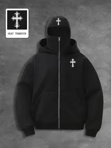 Men's Loose Gothic Cross Zip Hoodie, Soft Fabric, Casual Street Style, Fall & Winter Fashion, Daily Wear, Urban