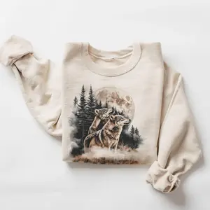 Retro Wolves Howling At The Moon Sweatshirt - 90s Wolf Foggy Forest Wilderness Outfit - Boho Unisex Crewneck Sweatshirt
