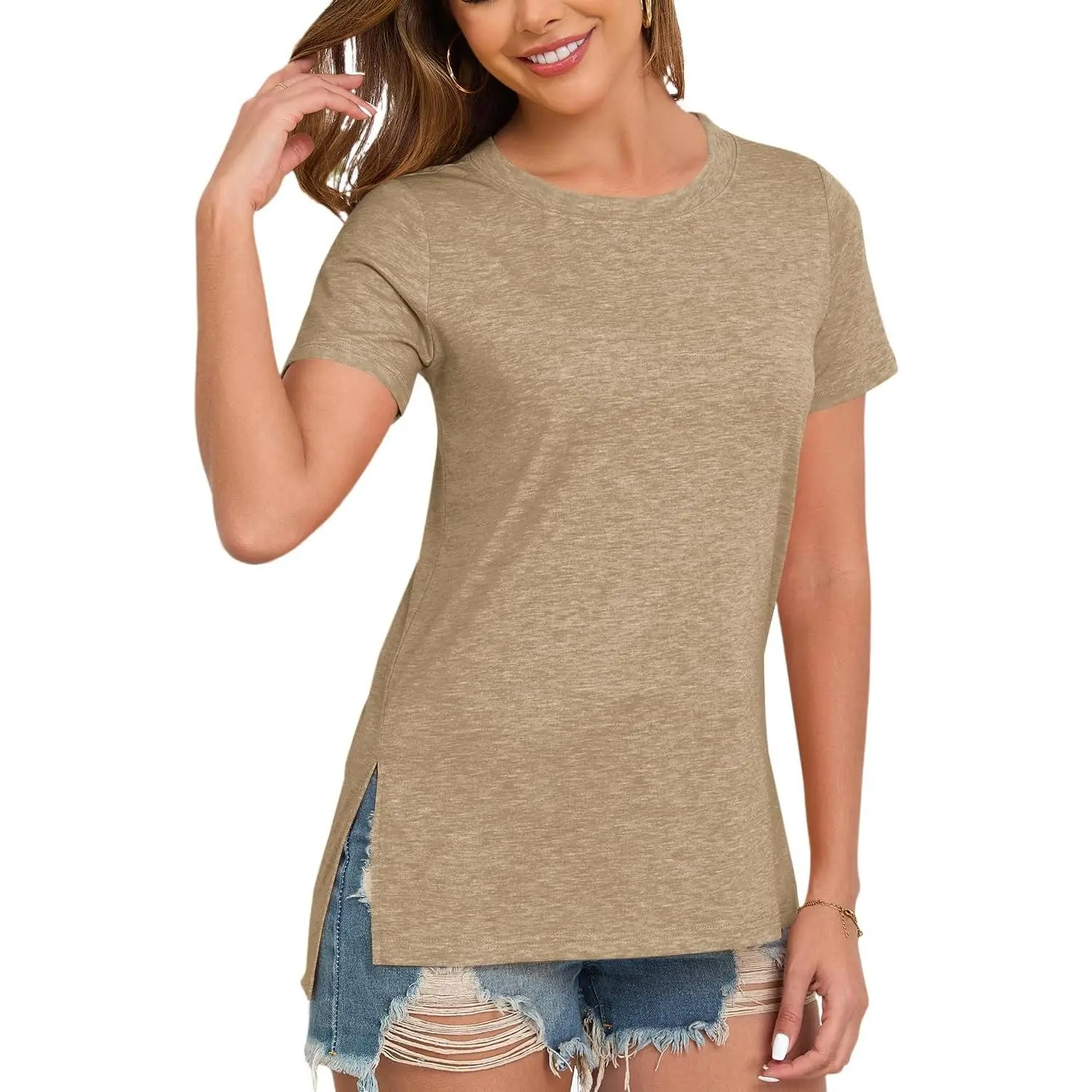 Women's Fitted Crew Neck T-Shirt - Chic Casual Summer Short-Sleeve Top with Side Split Low Hem, Minimalist Women's Clothes