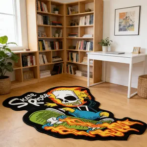Trendy Cool Flame Skateboarding Skeleton Alien Carpet Contrast Color Plush Fluffy Rugs, Modern Indoor Rug, Entrance Anti slip Wear resistant Foot Mat Play Space Decorative Pad Suitable for Ins Style/Street Home Decoration