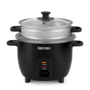 Aroma 6 Cup Rice Cooker with Outer Steam Tray Black