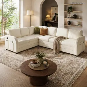 Oversized L-Shaped Sectional Sofa (L or R Facing) with Pull-Out Convertible Bed, Teddy Fabric Upholstery, Side Pocket, USB Charging Port, Beige White Modern Couch for Living Rooms, Indoor Apartment Furniture, L Shaped Sofas
