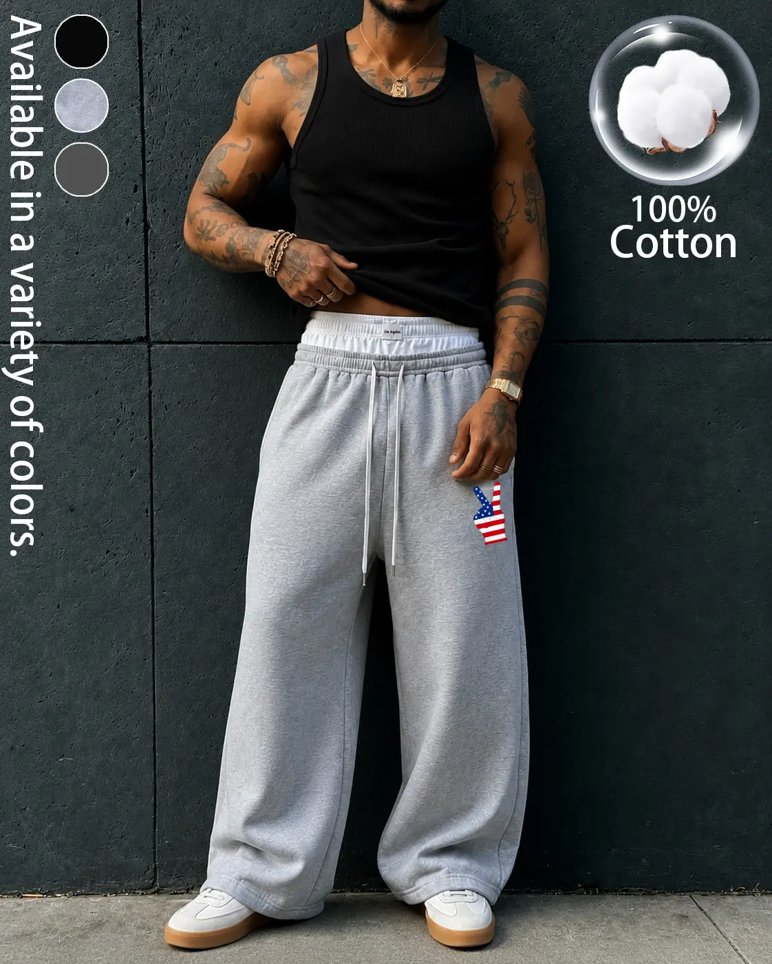 Men's 100% Cotton Faux Two Piece Double Waistband Sweatpants, Low Rise Baggy Wide Leg Drawstring Track Pants, Y2K Streetwear Loose Athletic Trousers with American Flag Hand Gesture Print, Gym Lounge Casual Hip Hop Sports Pants with Side Pockets Daily Wear