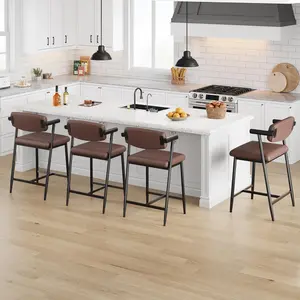 Bar Stools Set of 4 - 26.5inch Upholstered Counter Height Bar Stools for 2 with Armrest - Wider Thickened Cushion - Bar Chairs with Backrest for Bar/Dining Room/Kitchen - Retro Brown