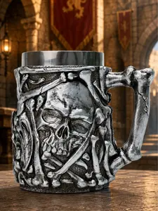 The Armored Kingdom Ironbone 16oz Silver Skull Brew Tumbler - Gothic Art Mugs, Skull Mugs, Reusable Stainless Steel Drinkware, Ancient Silver Finish, 360° Bone-Sculpted Base, Durable Washable Kitchenware