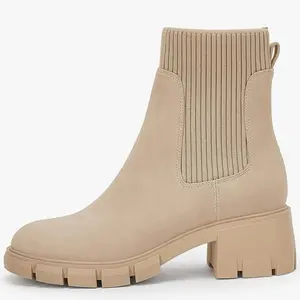 Women's Beige Platform Chelsea Boots with Chunky Heel Slip On Design Elastic Side Straps Elegant Footwear Walking Shoes Formal Girl