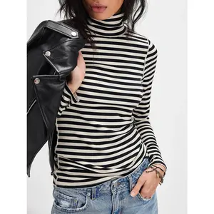 Exposed Seam Striped Turtleneck Long Sleeve T-Shirt