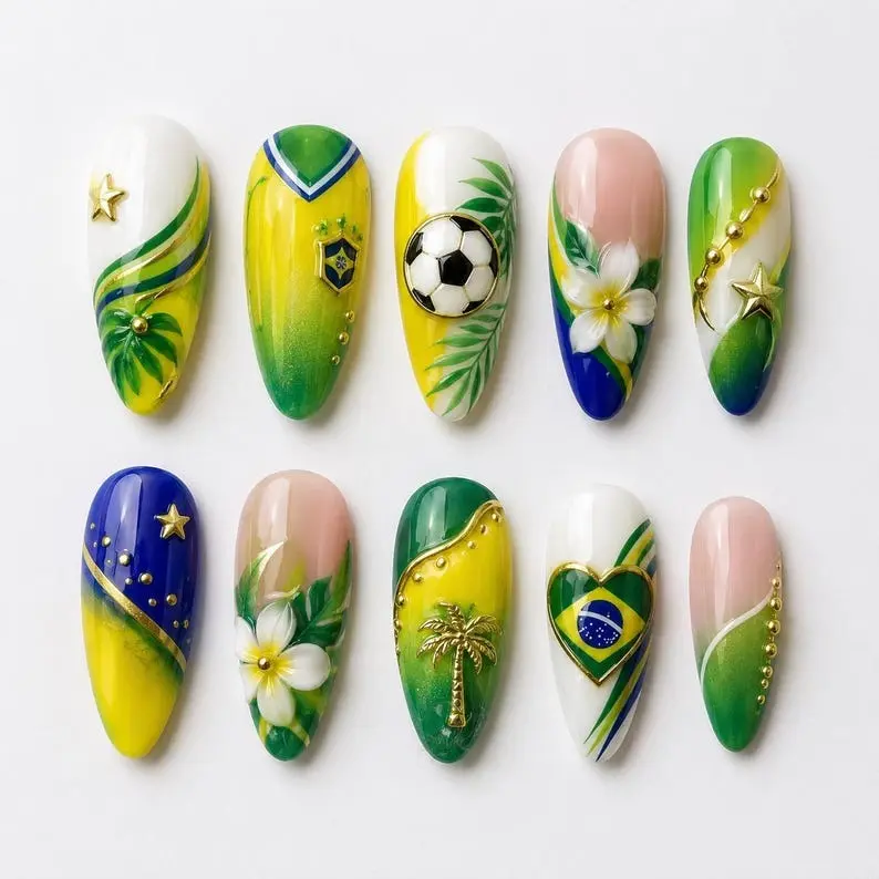 Brazil Soccer Fan Press On Nails | Brazil Flag Nail Art | Handmade Game Day Nails