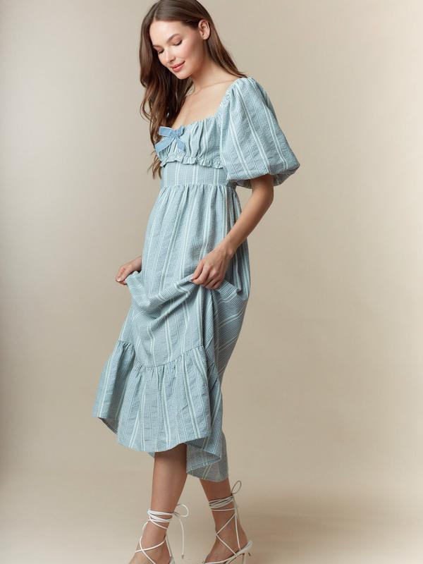 Front Velvet Bow Detail Bubble Sleeve Midi Dress