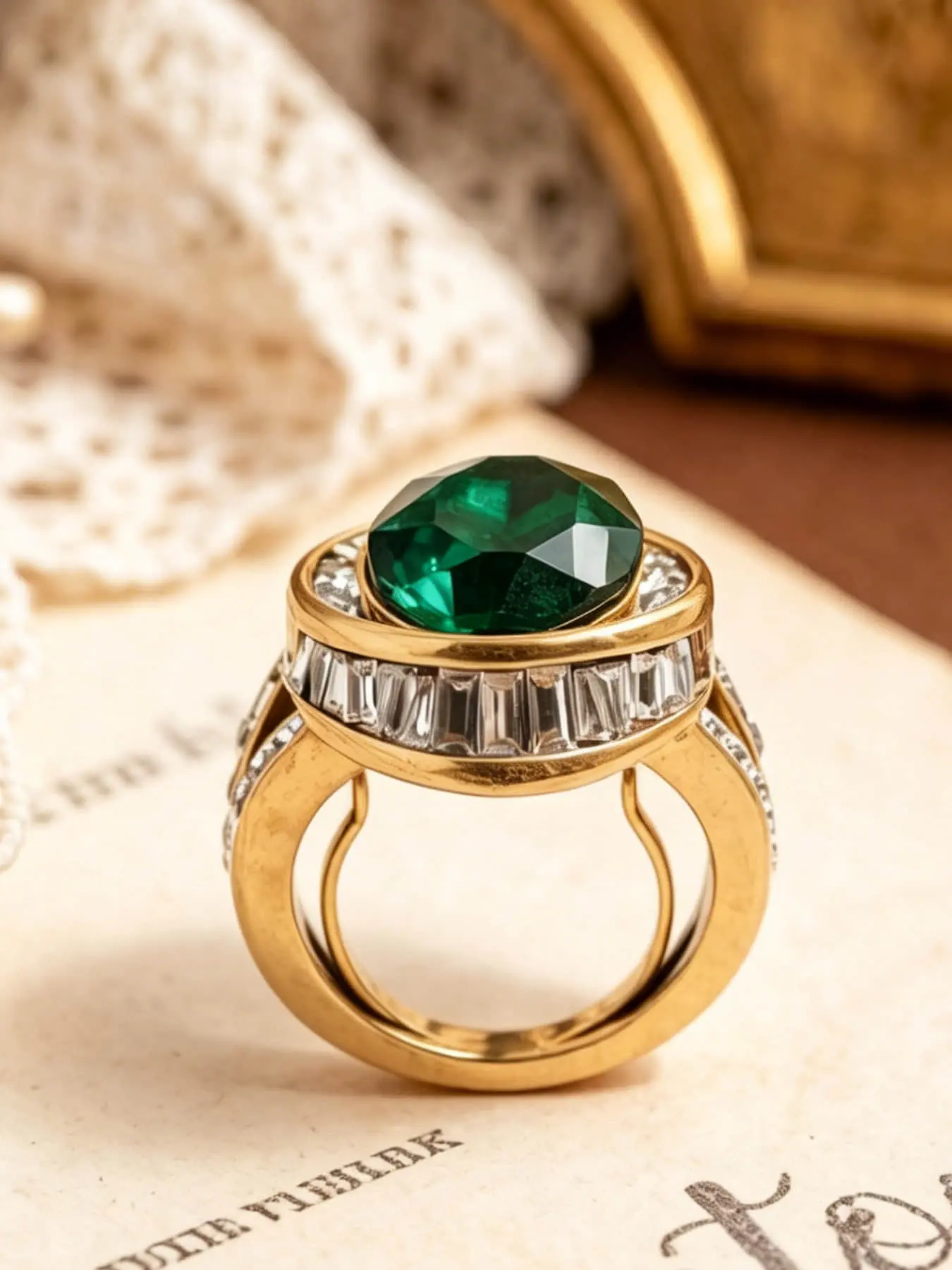 This vintage emerald ring is set with rich emerald as the main stone, paired with a full diamond border design. It is both luxurious and retro, suitable for daily wear, and is also a surprising and exquisite small gift.