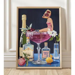 Pomegranate Cocktail Retro Bar Poster - Vintage French 75 Martini Wall Art for Home Kitchen Decor | Wall Decor