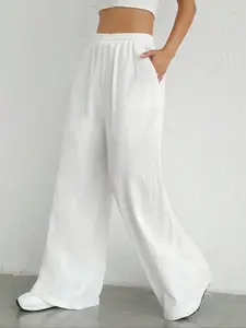 1 piece of women's summer Basic pure white elastic waist large pockets loose drape wide leg casual trousers, suitable for office, vacation, home, daily wear, festivals, four seasons, Casual Stretch Waist Pants