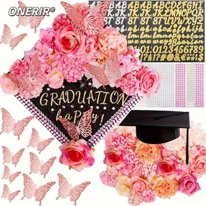ONERIR 59 Pcs Grad Cap Decorations Kit Graduation Hat Topper Decor Includes Grad Caps Artificial Flower Heads 3D Butterfly Stickers Sequin Stickers Letter Stickers and Glitter Paper for DIY Art Grad Cap Topper Decorations graduation cap topper