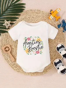 Baby Boys & Girls "Auntie's Bestie" Floral Graphic Bodysuit, Newborn Short Sleeve Onesie, Cute Aunt & Baby Bond Casual Outfit